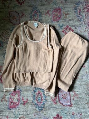 Pink Rose Beige Knit Sweater Set with White Trim
